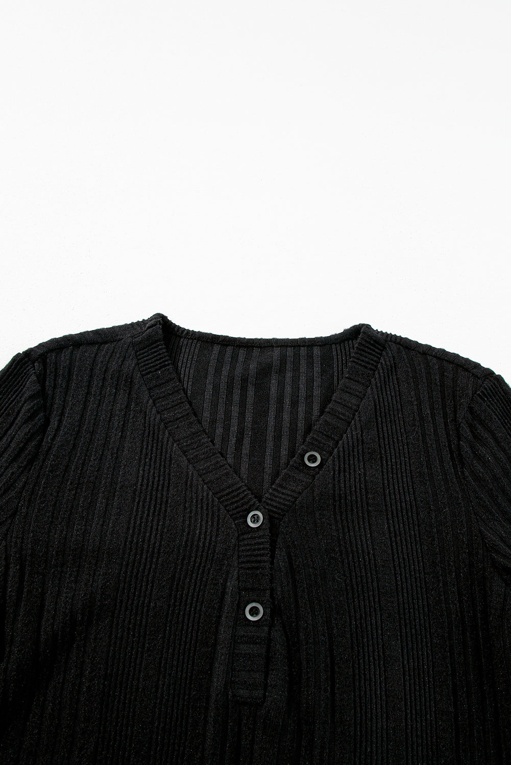Black V Neck Buttoned Ribbed Knit Top