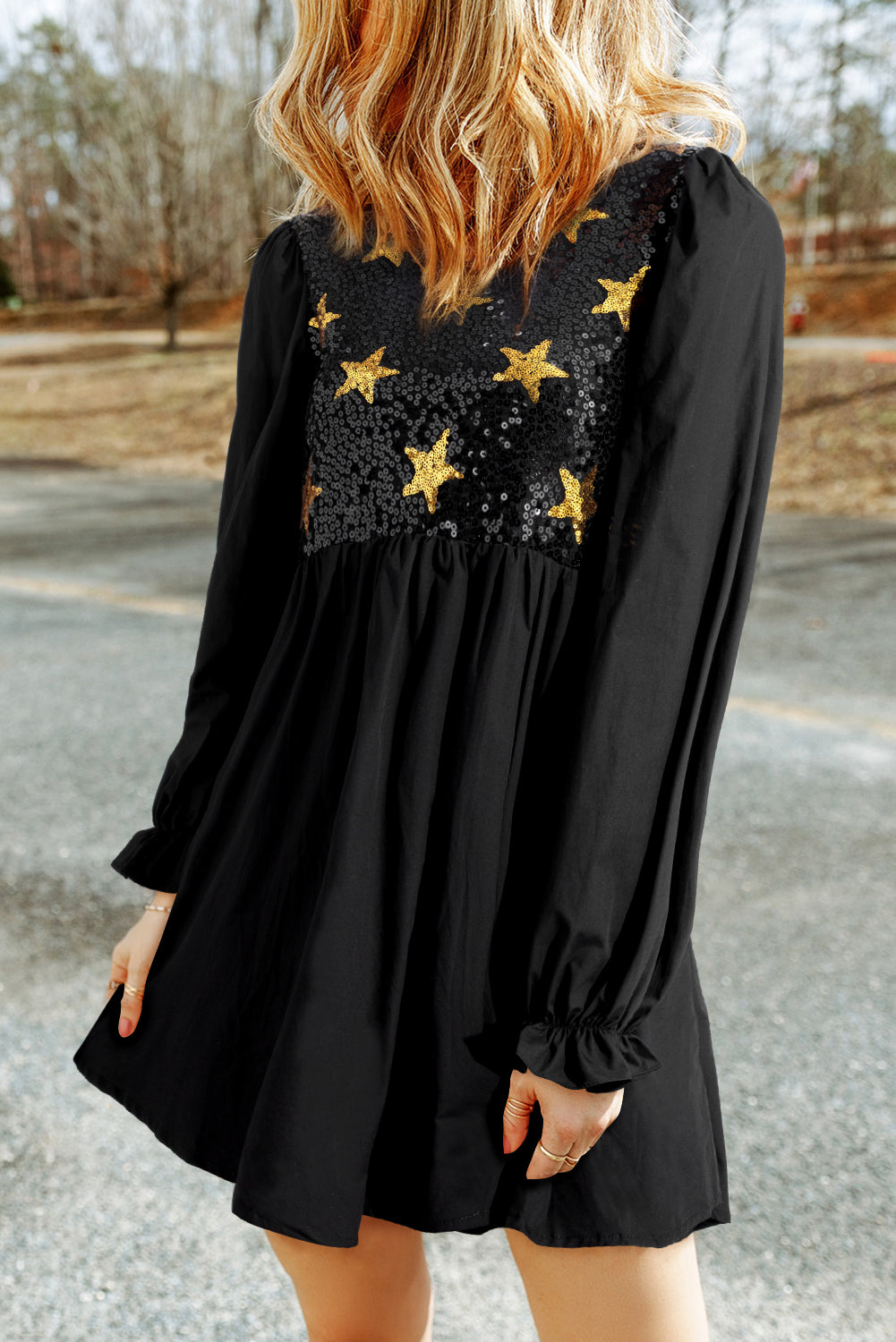Black Sequined Stars Flounce Sleeve Ruffled Babydoll Dress
